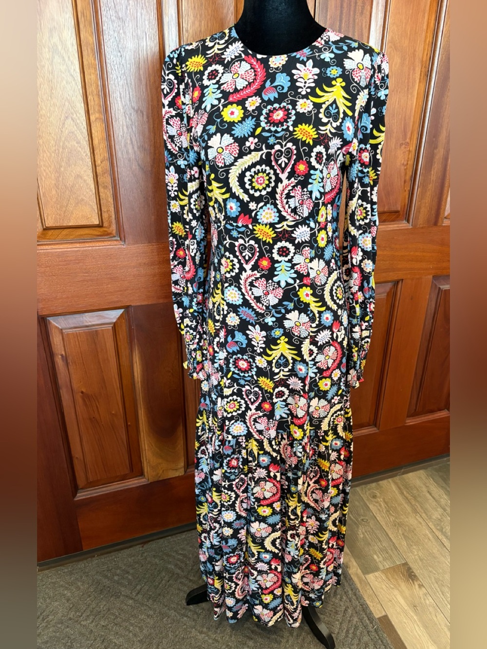 Boden Ditsy Floral Tiered Maxi Dress long sleeve Smocked Cuff zip back Sz US 4R